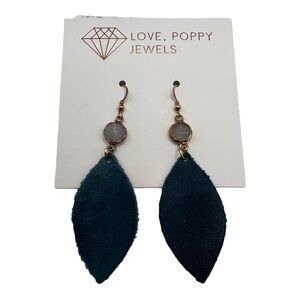 Love , Poppy Teal Green Leather Teardrop with Druzy Stone Earrings NEW